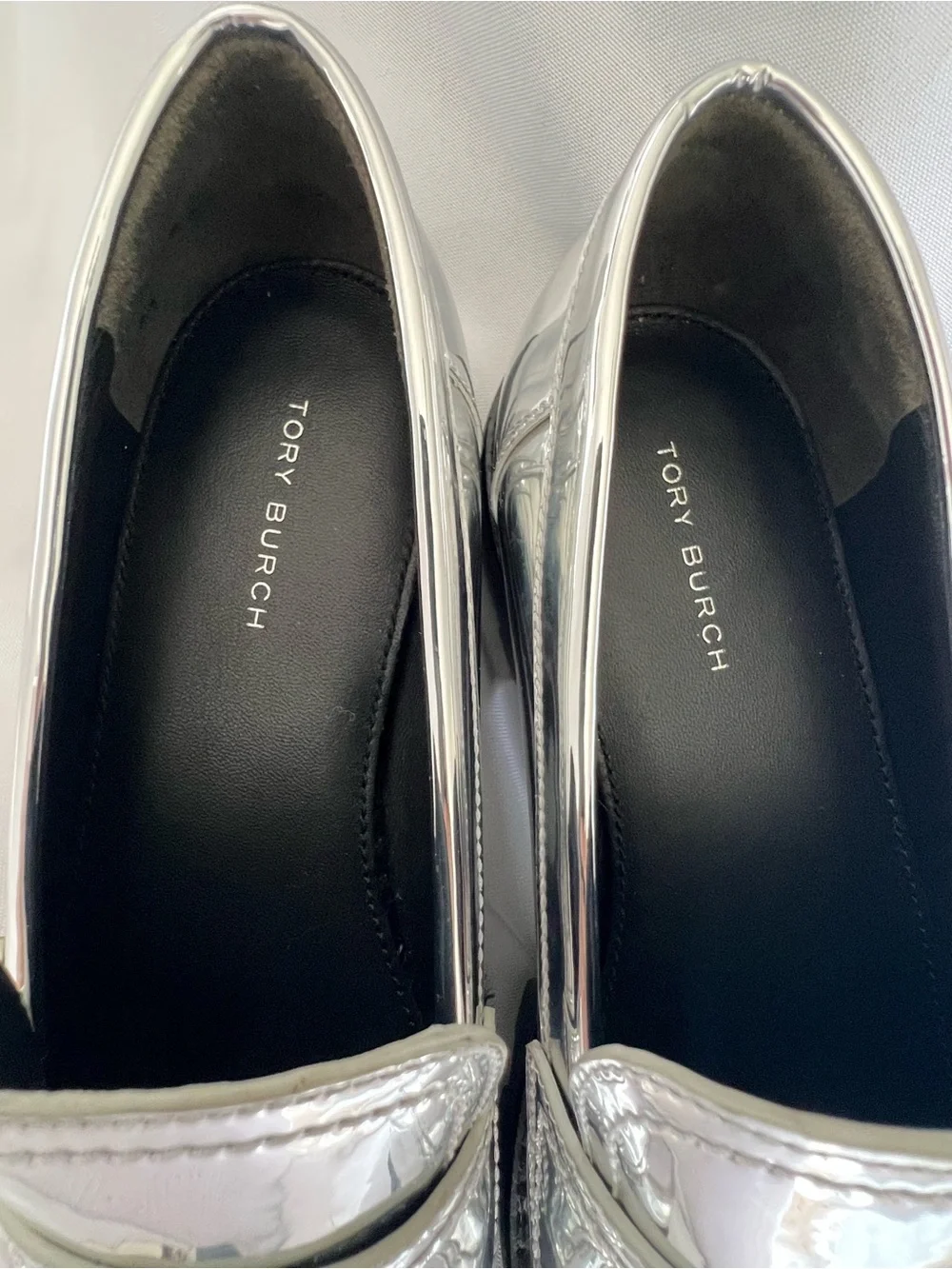 Tory Burch Silver Metallic Lug Sole Penny Loafers